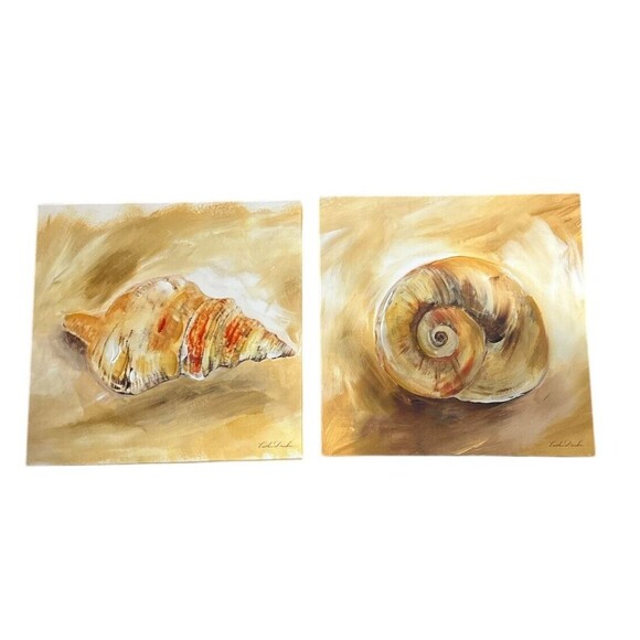 Seashell Canvas Wall Art Coastal Beach‎ Decor Set Of 2 Wrapped Edges 12" Square - Picture 1 of 2